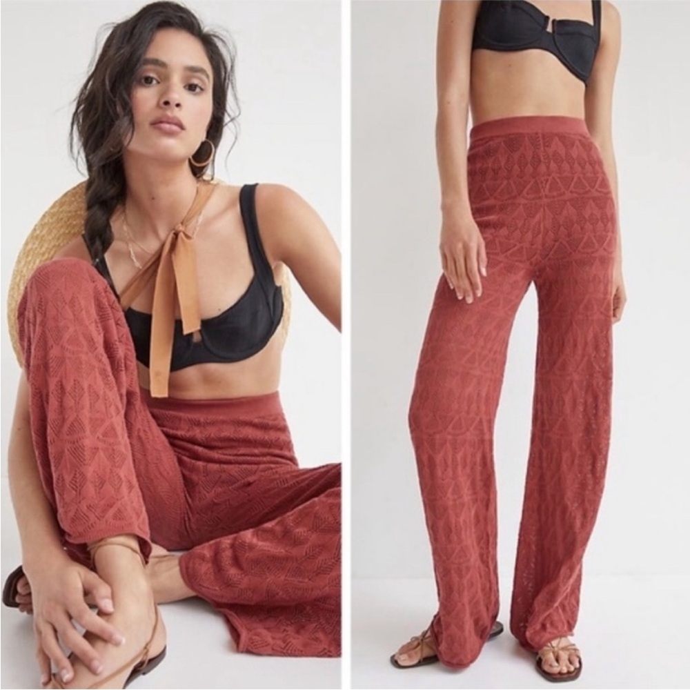 NWT Anthropologie Flat White Orange Rust Women's High Waist Pointelle Knit Pants